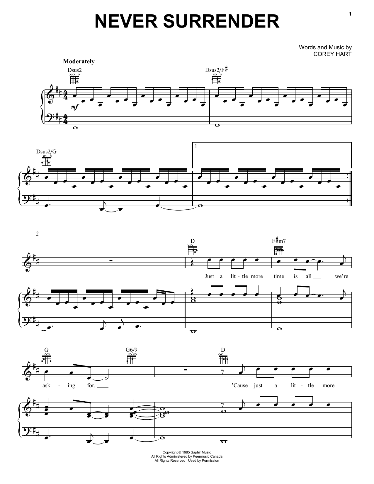 Corey Hart Never Surrender sheet music notes and chords arranged for Easy Piano