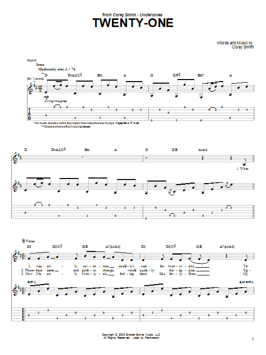 Corey Smith Twenty-One sheet music notes and chords arranged for Guitar Tab