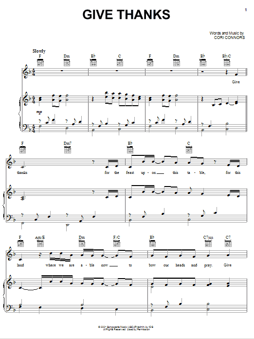 Cori Connors Give Thanks sheet music notes and chords arranged for Piano, Vocal & Guitar Chords (Right-Hand Melody)