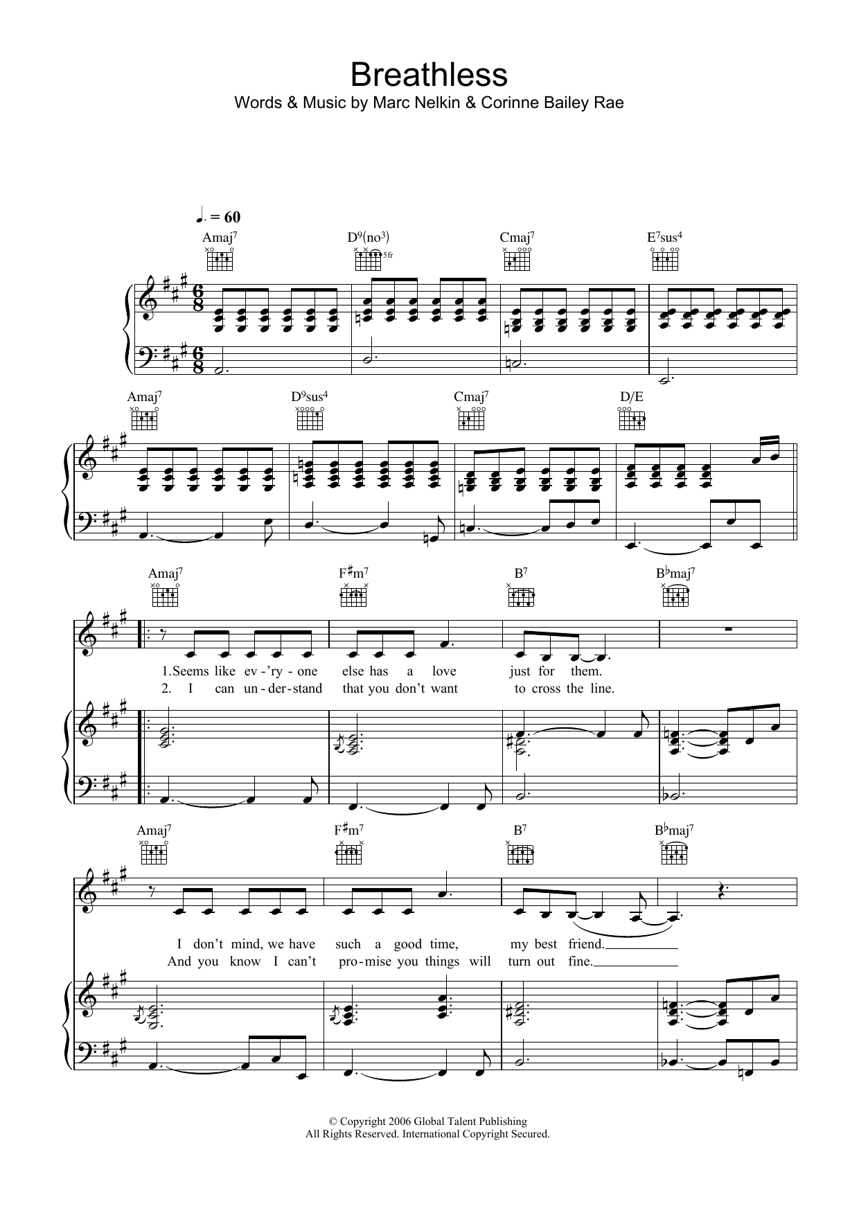 Corinne Bailey Rae Breathless sheet music notes and chords arranged for Piano, Vocal & Guitar Chords