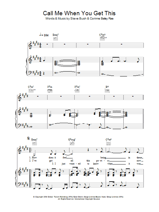 Corinne Bailey Rae Call Me When You Get This sheet music notes and chords arranged for Easy Piano