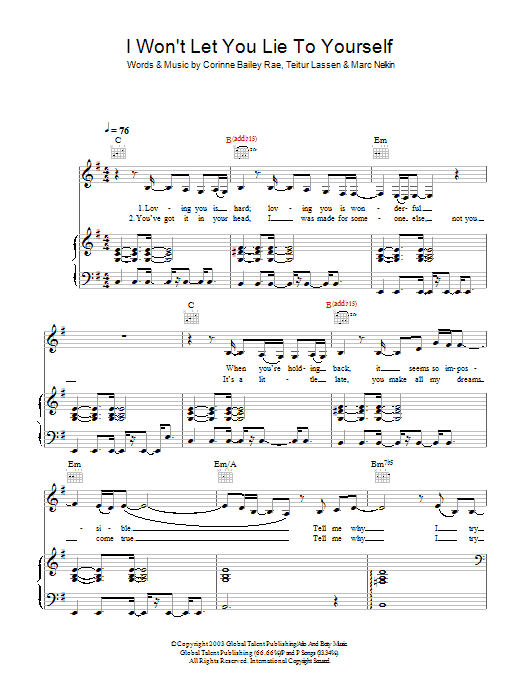 Corinne Bailey Rae I Won't Let You Lie To Yourself sheet music notes and chords arranged for Piano, Vocal & Guitar Chords