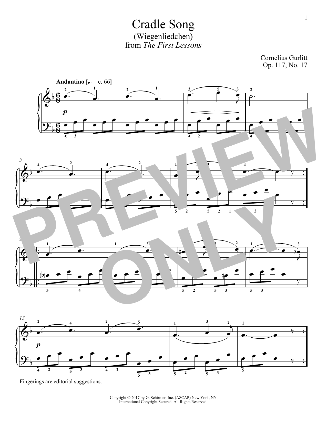 Cornelius Gurlitt Cradle Song (Wiegenliedchen), Op. 117, No. 17 sheet music notes and chords arranged for Piano Solo