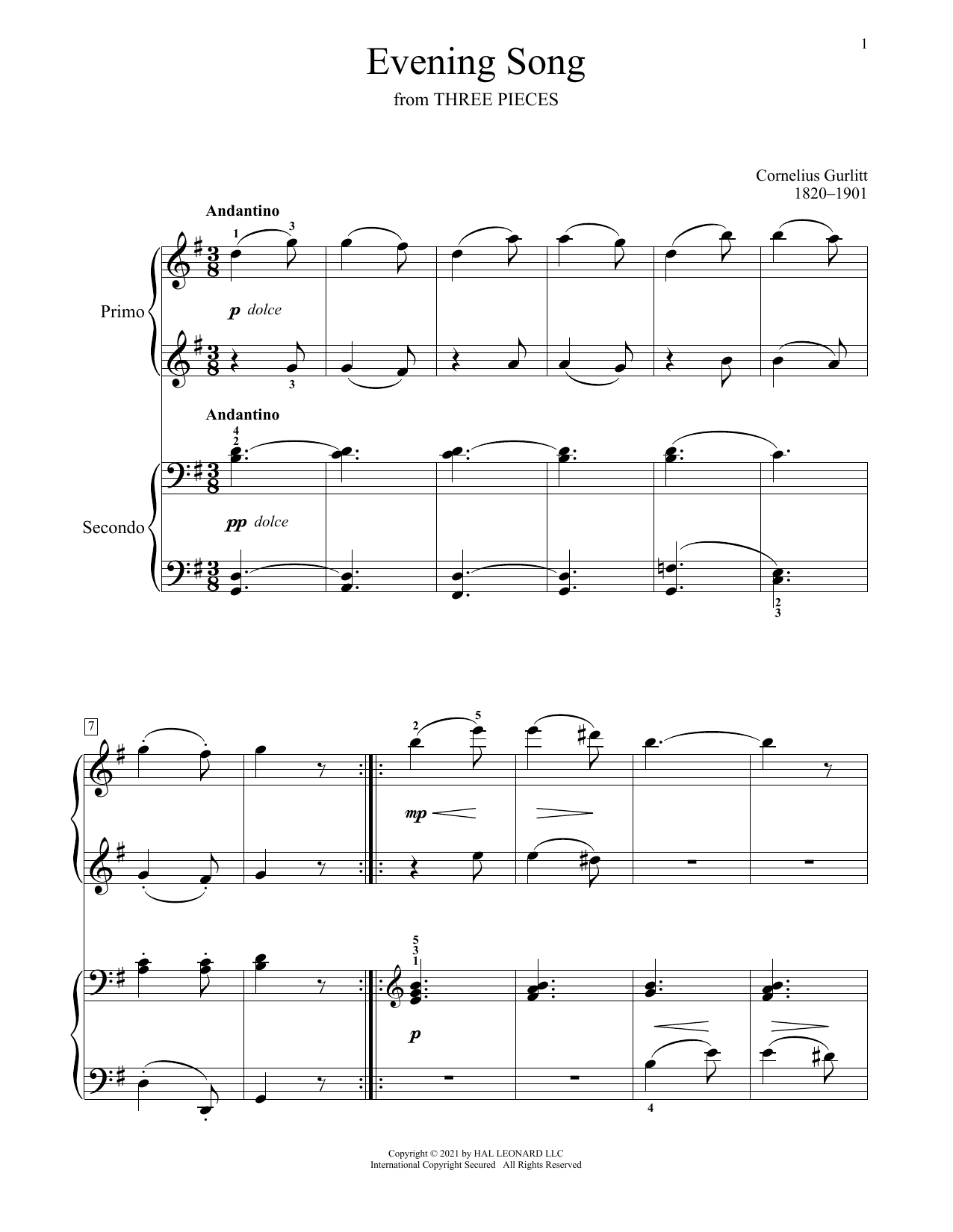Cornelius Gurlitt Evening Song (From Three Pieces) sheet music notes and chords arranged for Piano Duet