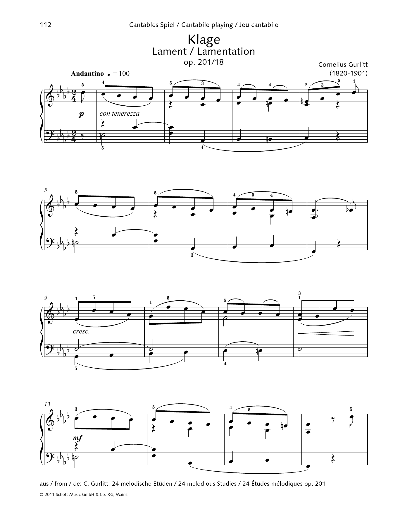 Cornelius Gurlitt Lament sheet music notes and chords arranged for Piano Solo