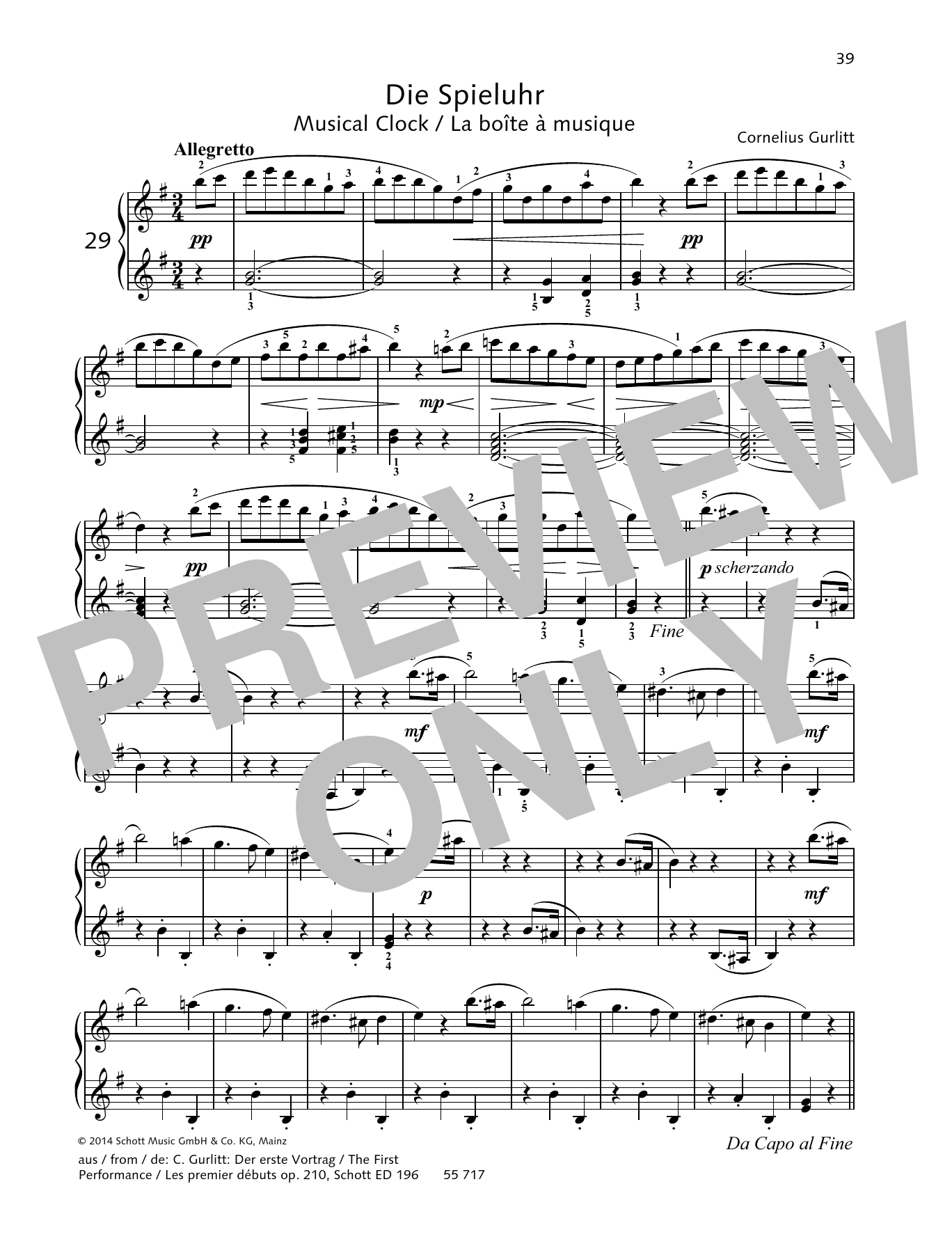 Cornelius Gurlitt Musical Clock sheet music notes and chords arranged for Piano Solo