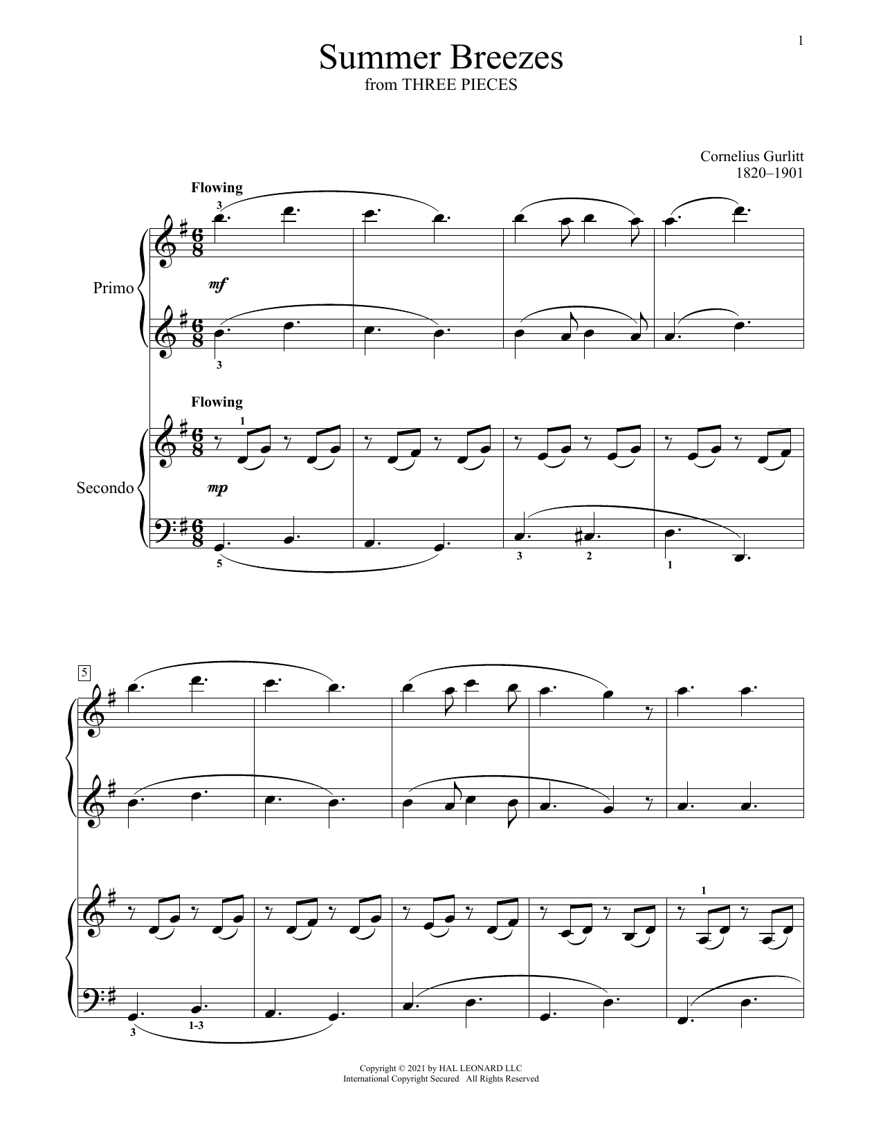 Cornelius Gurlitt Summer Breezes (From Three Pieces) sheet music notes and chords arranged for Piano Duet