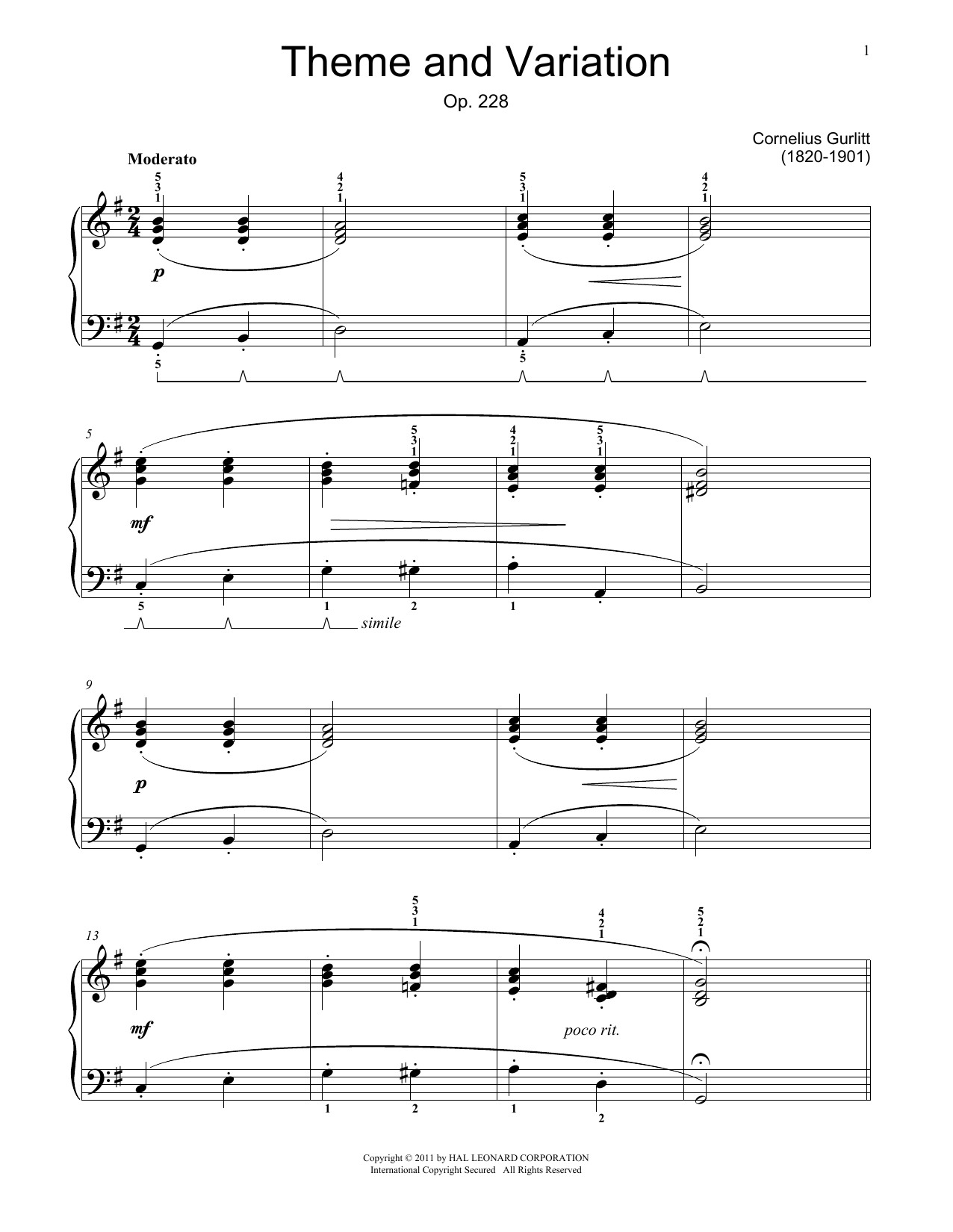 Cornelius Gurlitt Theme And Variations, Op. 228 sheet music notes and chords arranged for Educational Piano