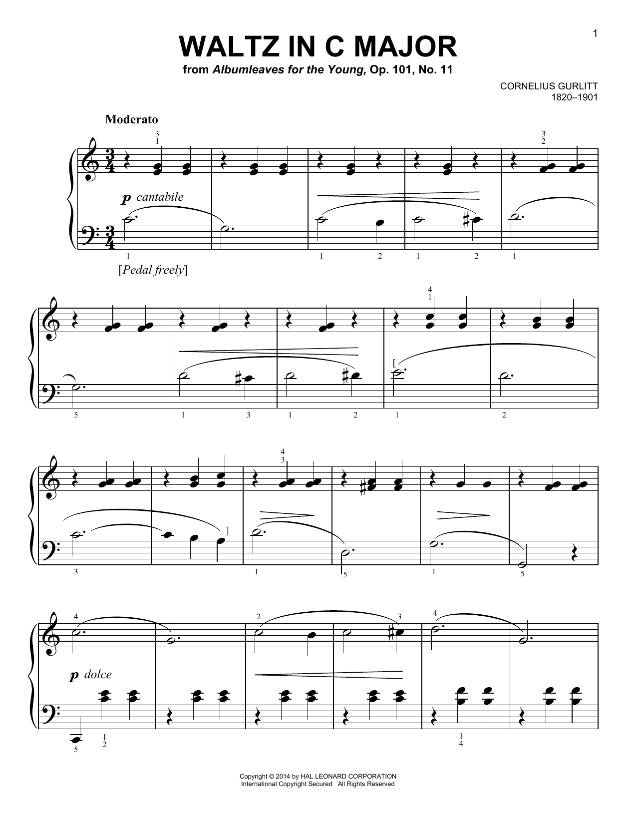 Cornelius Gurlitt Waltz, Op. 101, No. 11 sheet music notes and chords arranged for Easy Piano