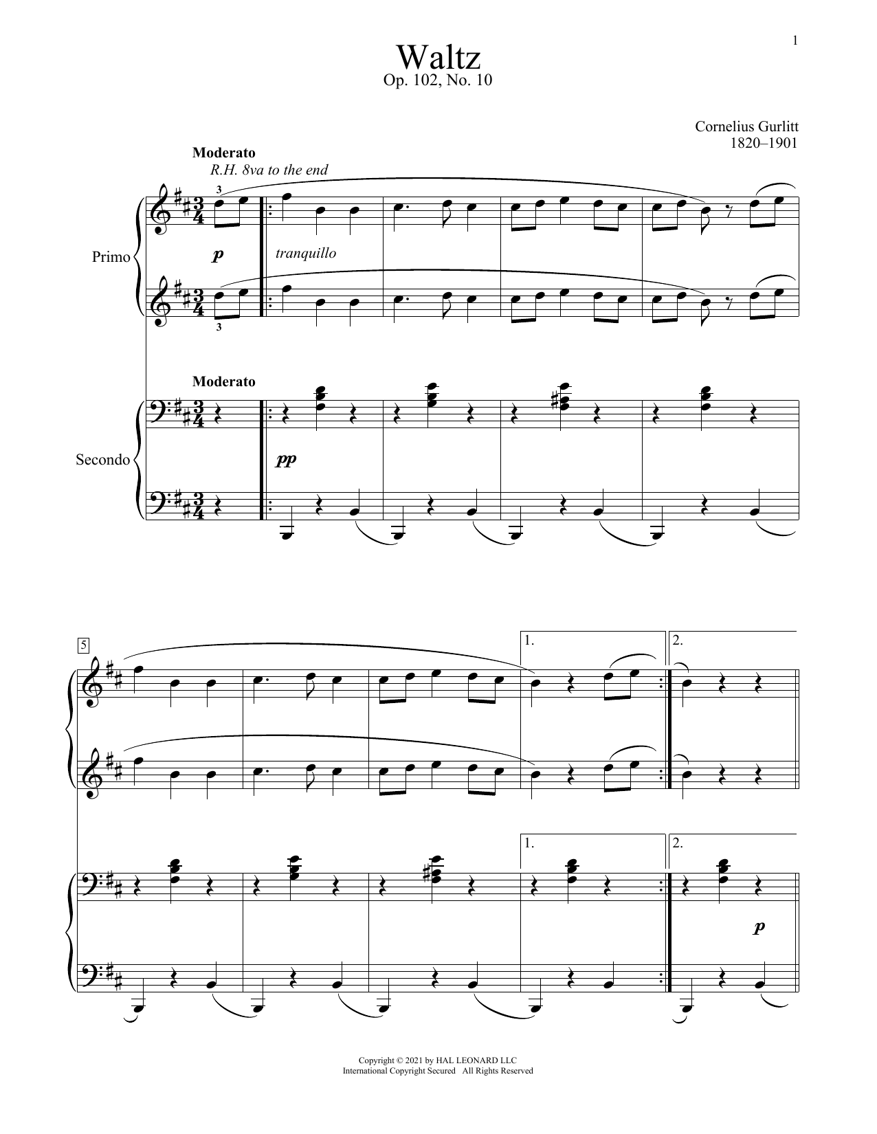 Cornelius Gurlitt Waltz, Op. 102, No. 10 sheet music notes and chords arranged for Piano Duet