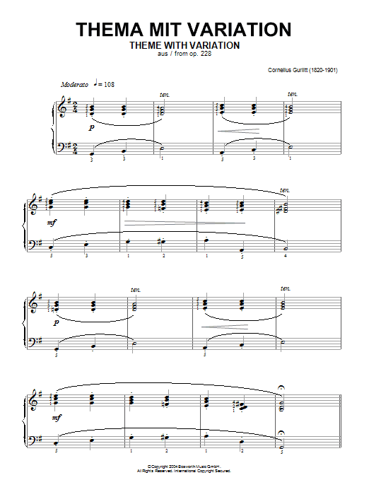 Cornelius Gurlitt Theme With Variation, From Op.228 sheet music notes and chords arranged for Piano Solo