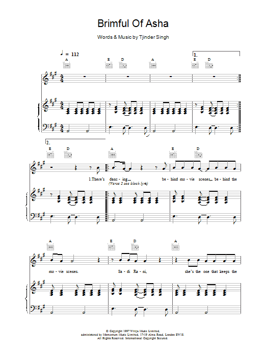 Cornershop Brimful Of Asha sheet music notes and chords arranged for Piano Chords/Lyrics