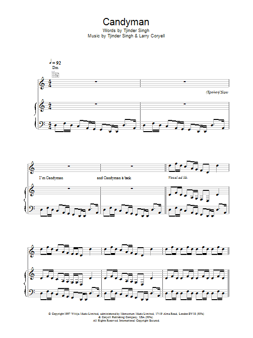 Cornershop Candyman sheet music notes and chords arranged for Piano, Vocal & Guitar Chords