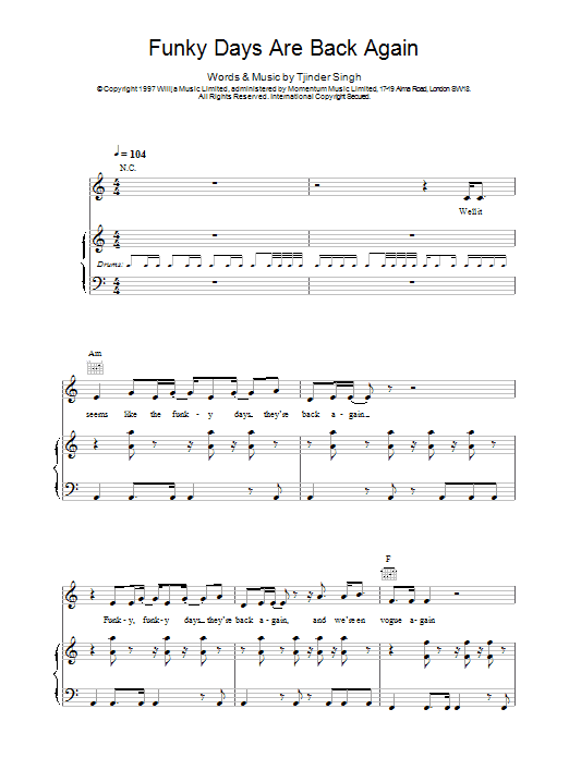 Cornershop Funky Days Are Back Again sheet music notes and chords arranged for Piano, Vocal & Guitar Chords
