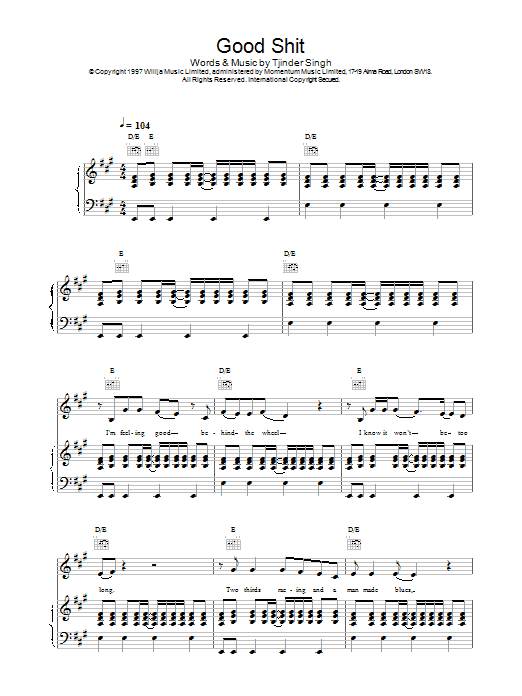 Cornershop Good Shit sheet music notes and chords arranged for Piano, Vocal & Guitar Chords