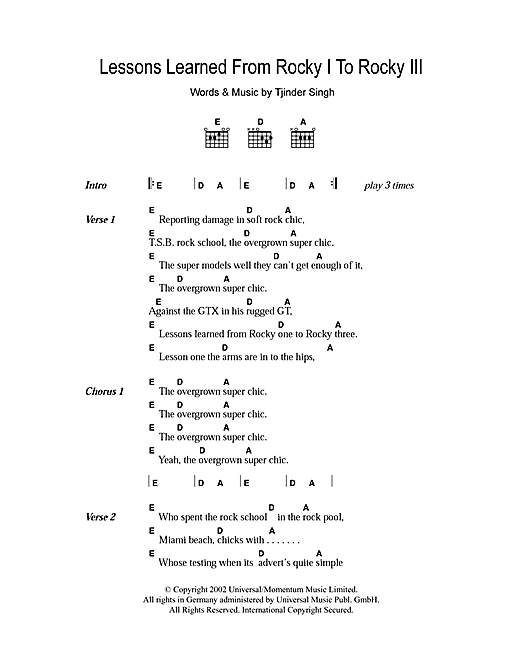 Cornershop Lessons Learned From Rocky I To Rocky III sheet music notes and chords arranged for Guitar Chords/Lyrics