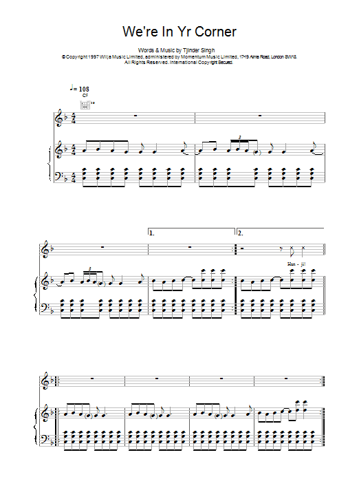 Cornershop We're In Your Corner sheet music notes and chords arranged for Piano, Vocal & Guitar Chords