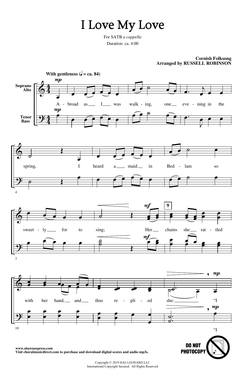 Cornish Folksong I Love My Love (arr. Russell Robinson) sheet music notes and chords arranged for SATB Choir
