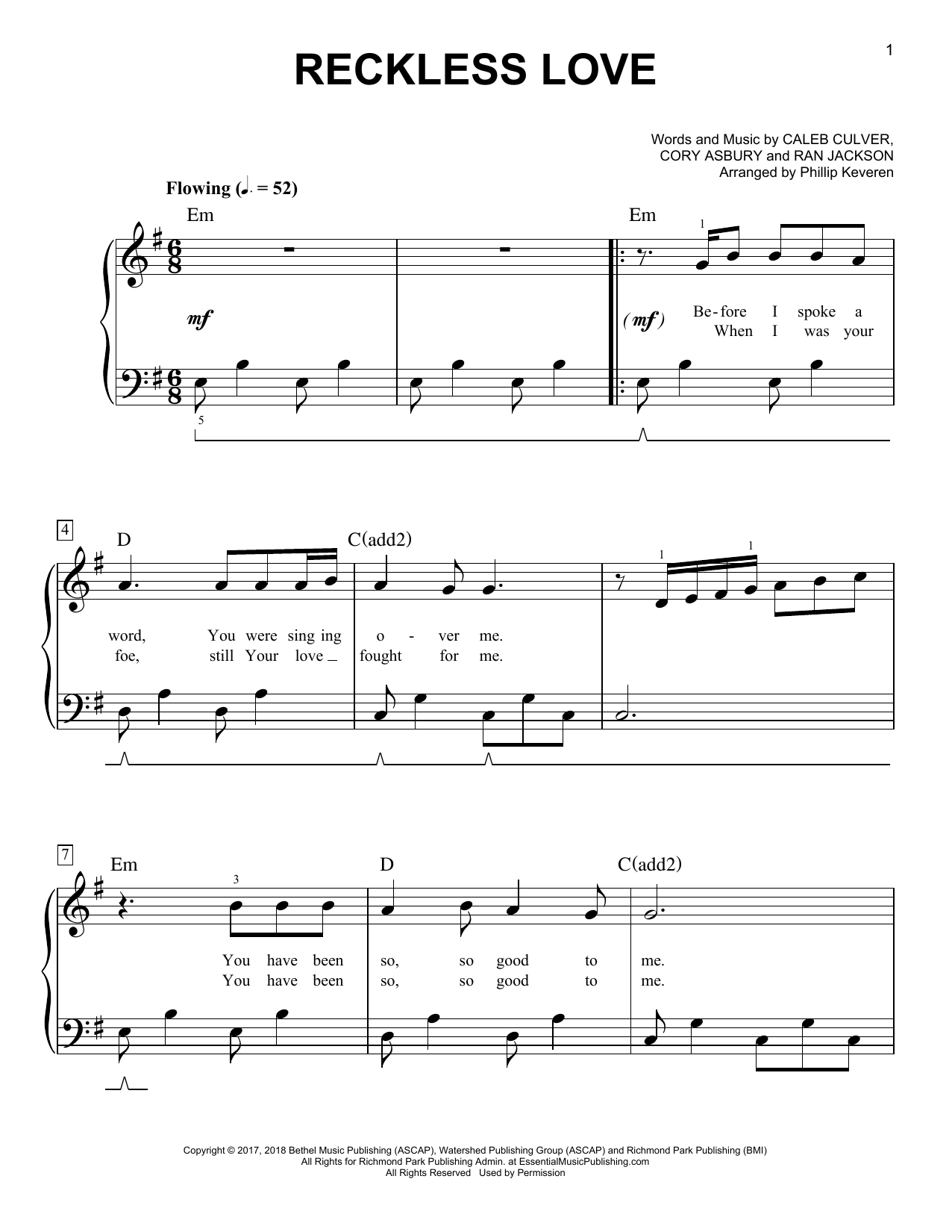 Cory Asbury Reckless Love (arr. Phillip Keveren) sheet music notes and chords arranged for Easy Piano