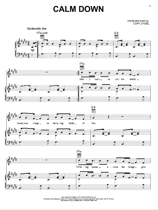 Cory Chisel And The Wandering Sons Calm Down sheet music notes and chords arranged for Piano, Vocal & Guitar Chords (Right-Hand Melody)