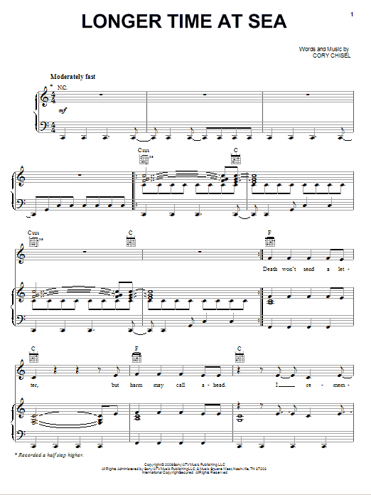 Cory Chisel And The Wandering Sons Longer Time At Sea sheet music notes and chords arranged for Piano, Vocal & Guitar Chords (Right-Hand Melody)