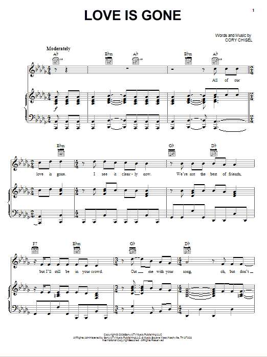 Cory Chisel And The Wandering Sons Love Is Gone sheet music notes and chords arranged for Piano, Vocal & Guitar Chords (Right-Hand Melody)