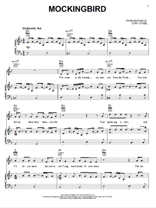 Cory Chisel And The Wandering Sons Mockingbird sheet music notes and chords arranged for Piano, Vocal & Guitar Chords (Right-Hand Melody)