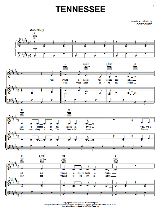Cory Chisel And The Wandering Sons Tennessee sheet music notes and chords arranged for Piano, Vocal & Guitar Chords (Right-Hand Melody)