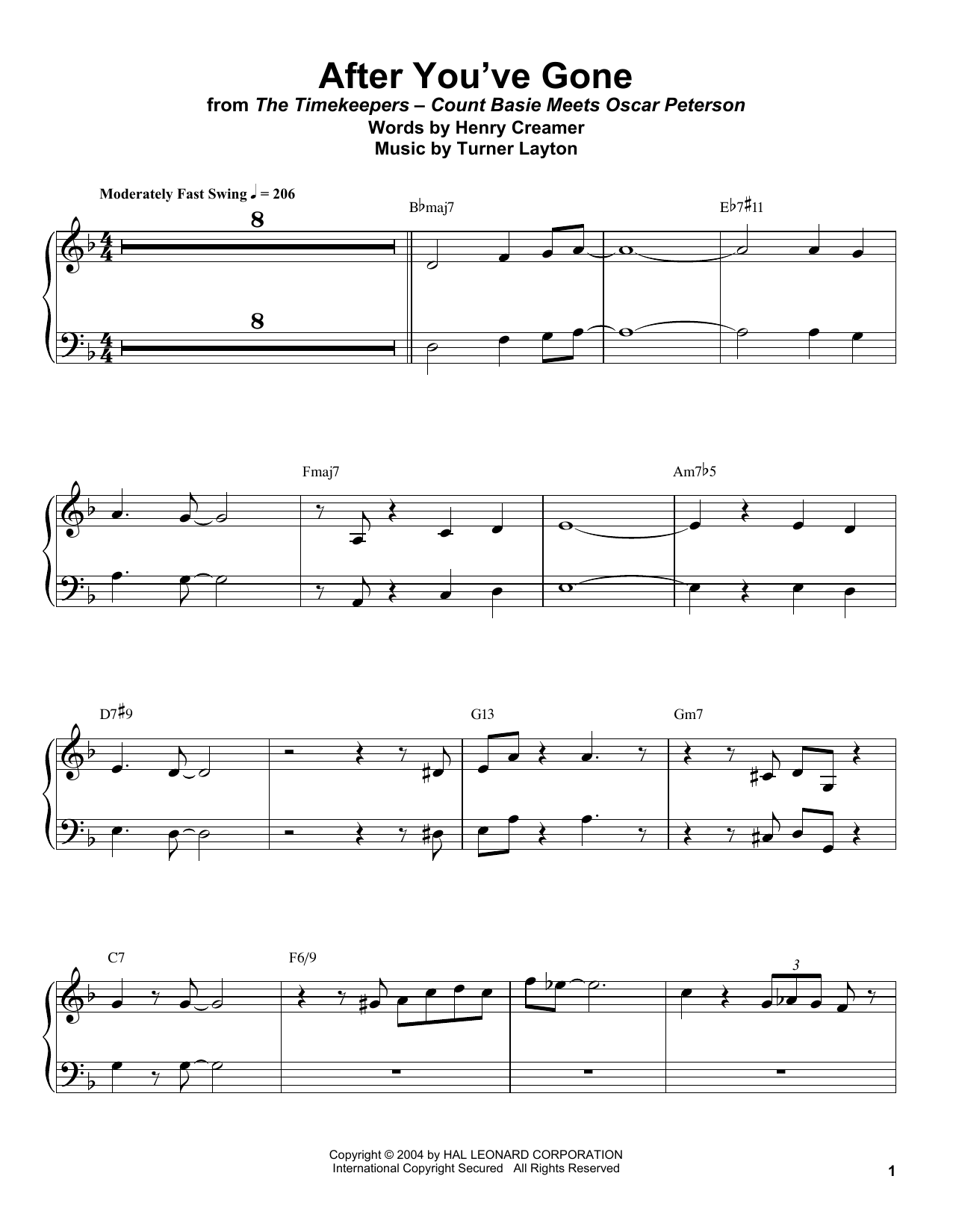 Count Basie After You've Gone sheet music notes and chords arranged for Piano Transcription