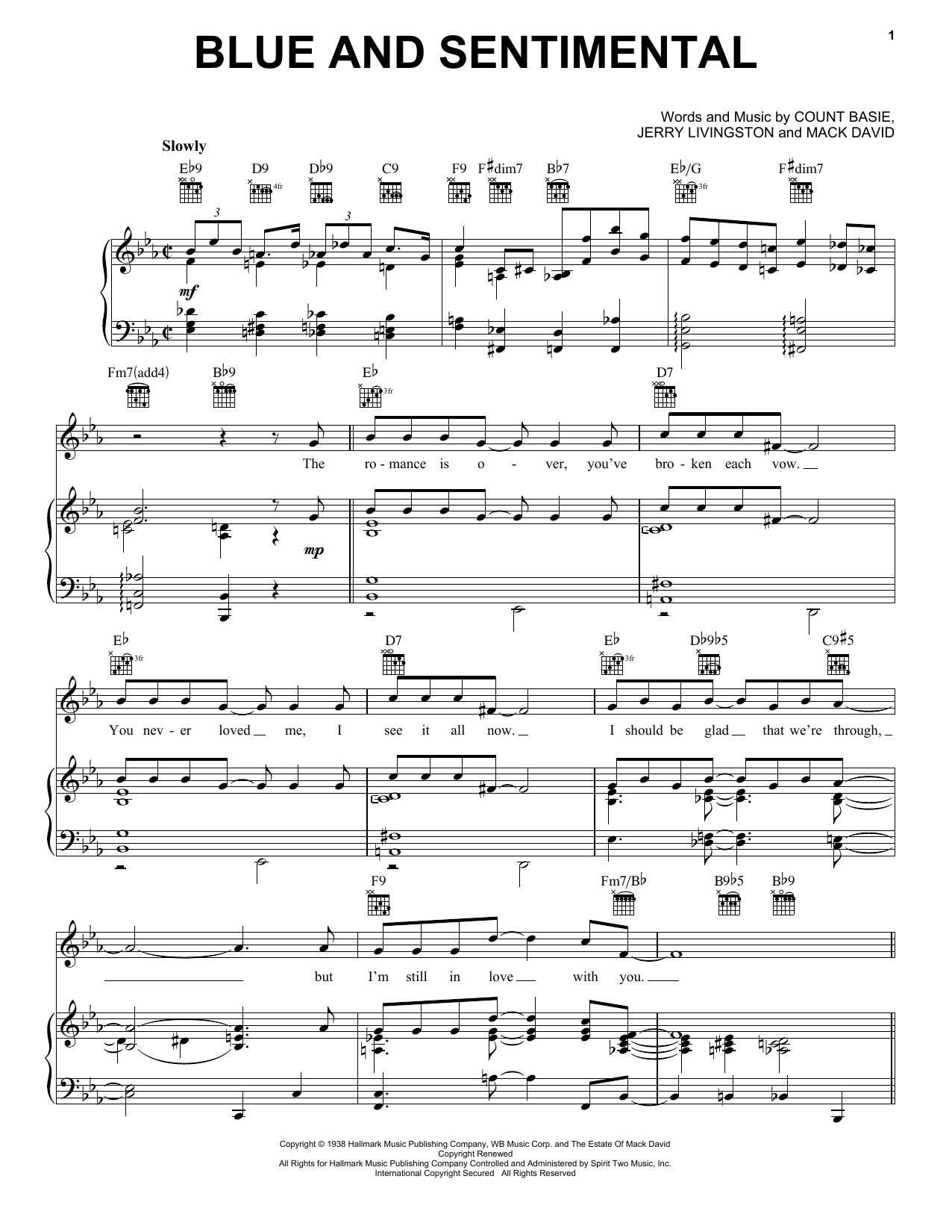 Count Basie Blue And Sentimental sheet music notes and chords arranged for Piano, Vocal & Guitar Chords (Right-Hand Melody)