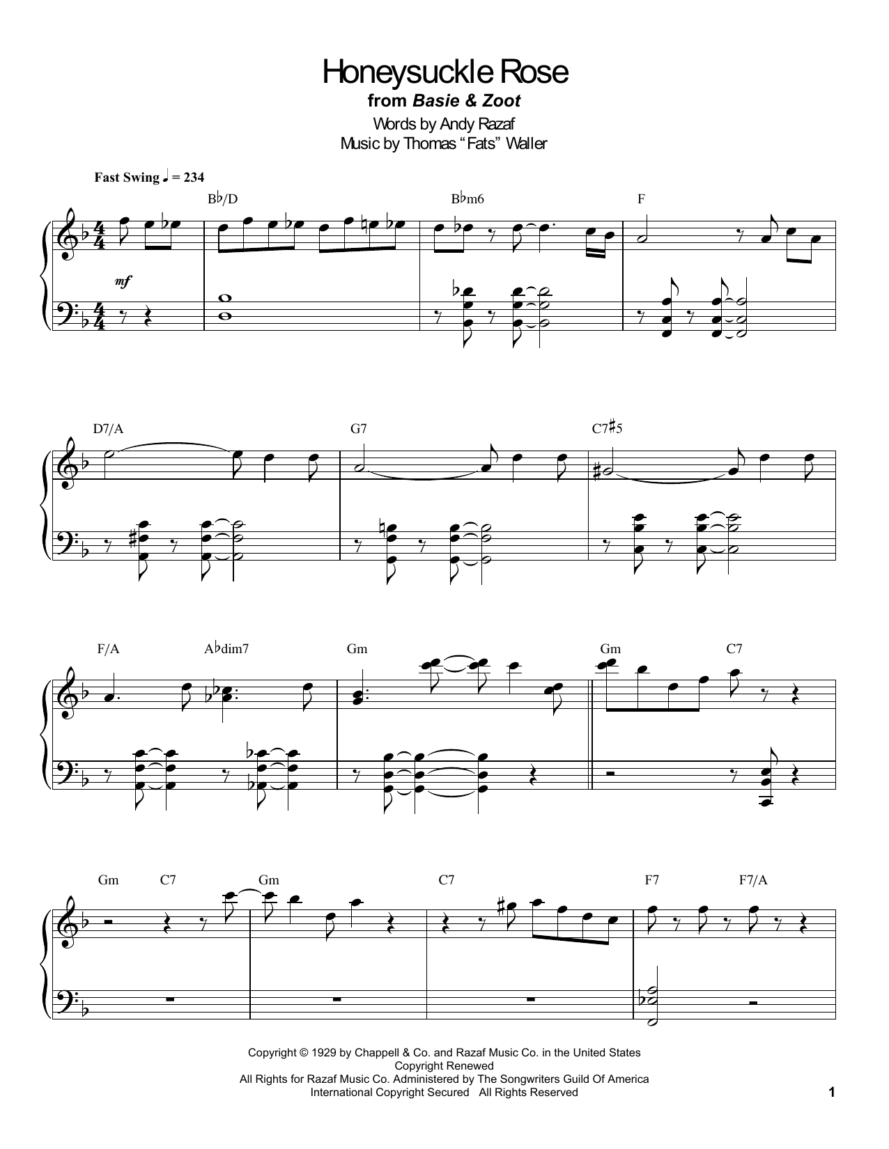 Count Basie Honeysuckle Rose sheet music notes and chords arranged for Piano Transcription