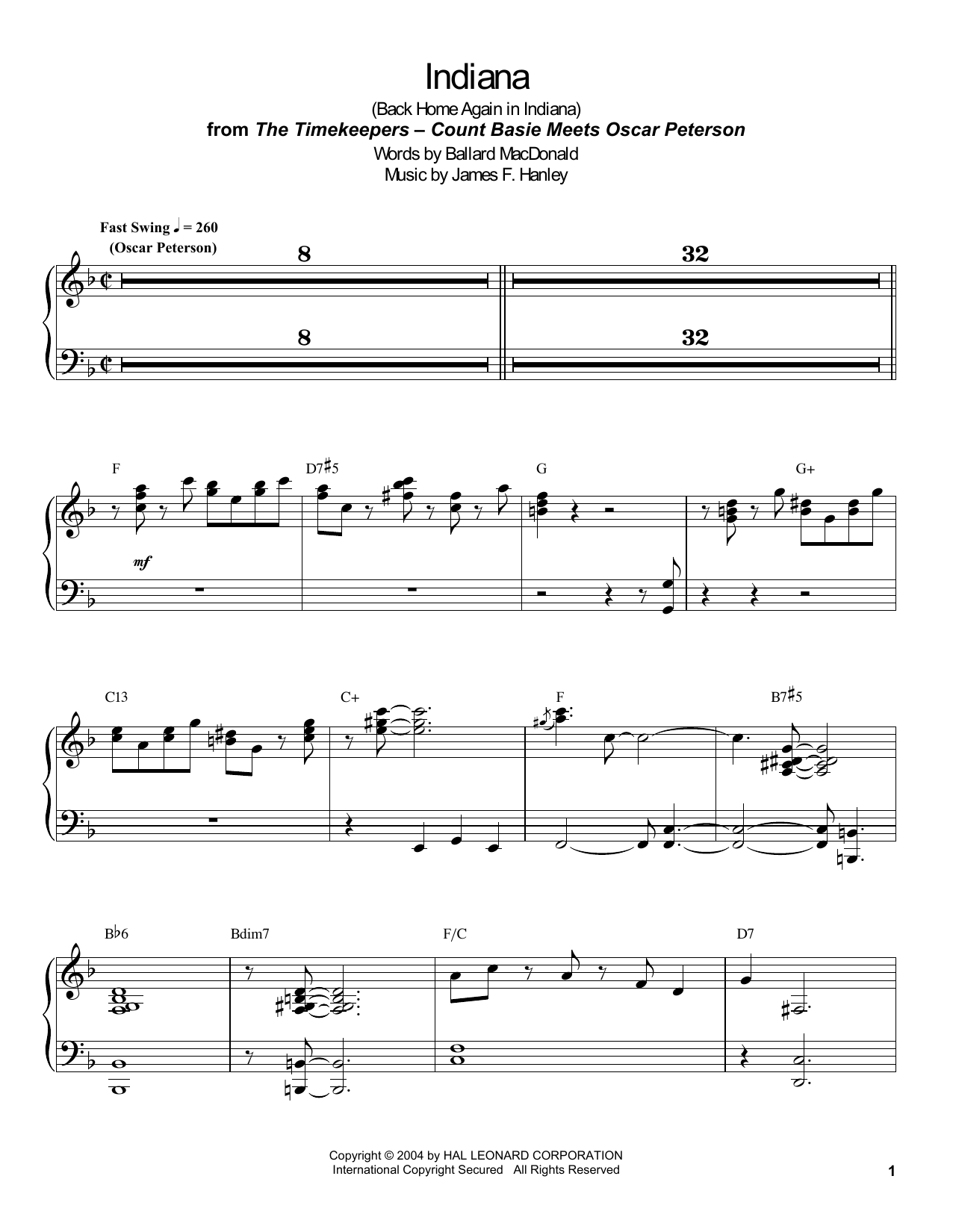 Count Basie Indiana (Back Home Again In Indiana) sheet music notes and chords arranged for Piano Transcription