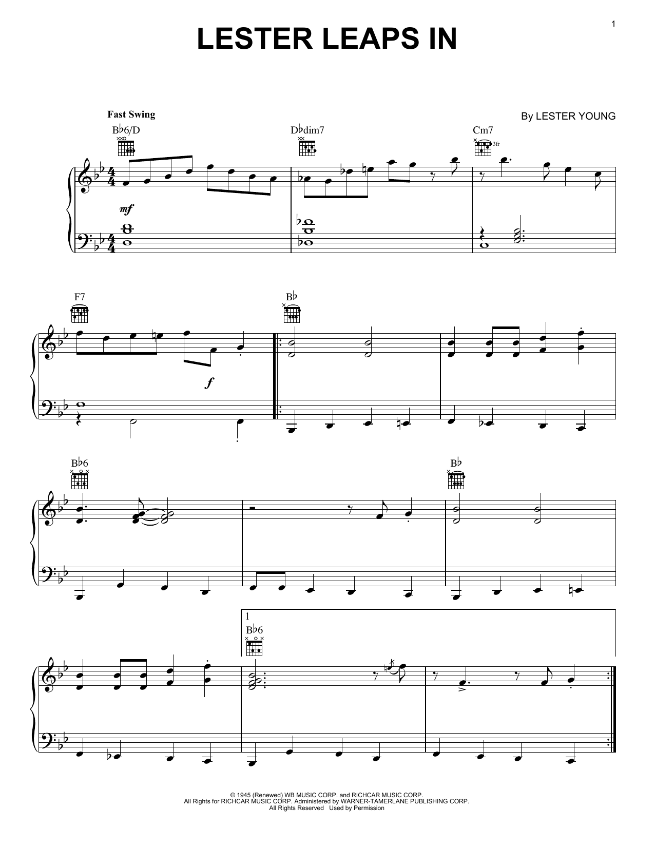 Count Basie Lester Leaps In sheet music notes and chords arranged for Piano Solo