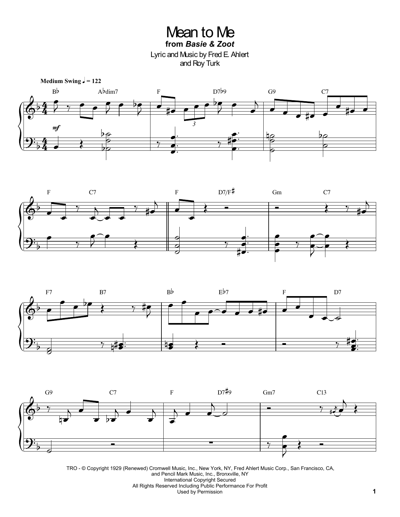 Count Basie Mean To Me (from Love Me Or Leave Me) sheet music notes and chords arranged for Piano Transcription