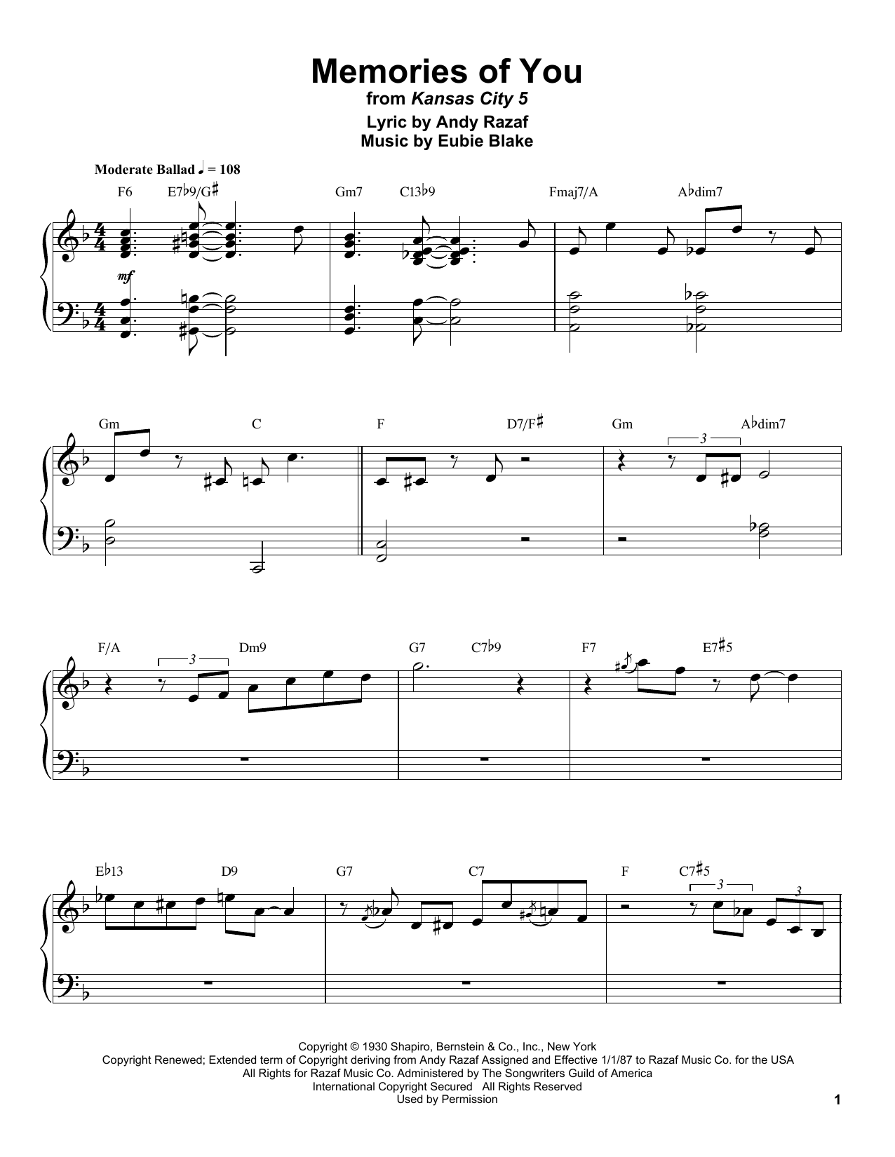 Count Basie Memories Of You sheet music notes and chords arranged for Piano Transcription