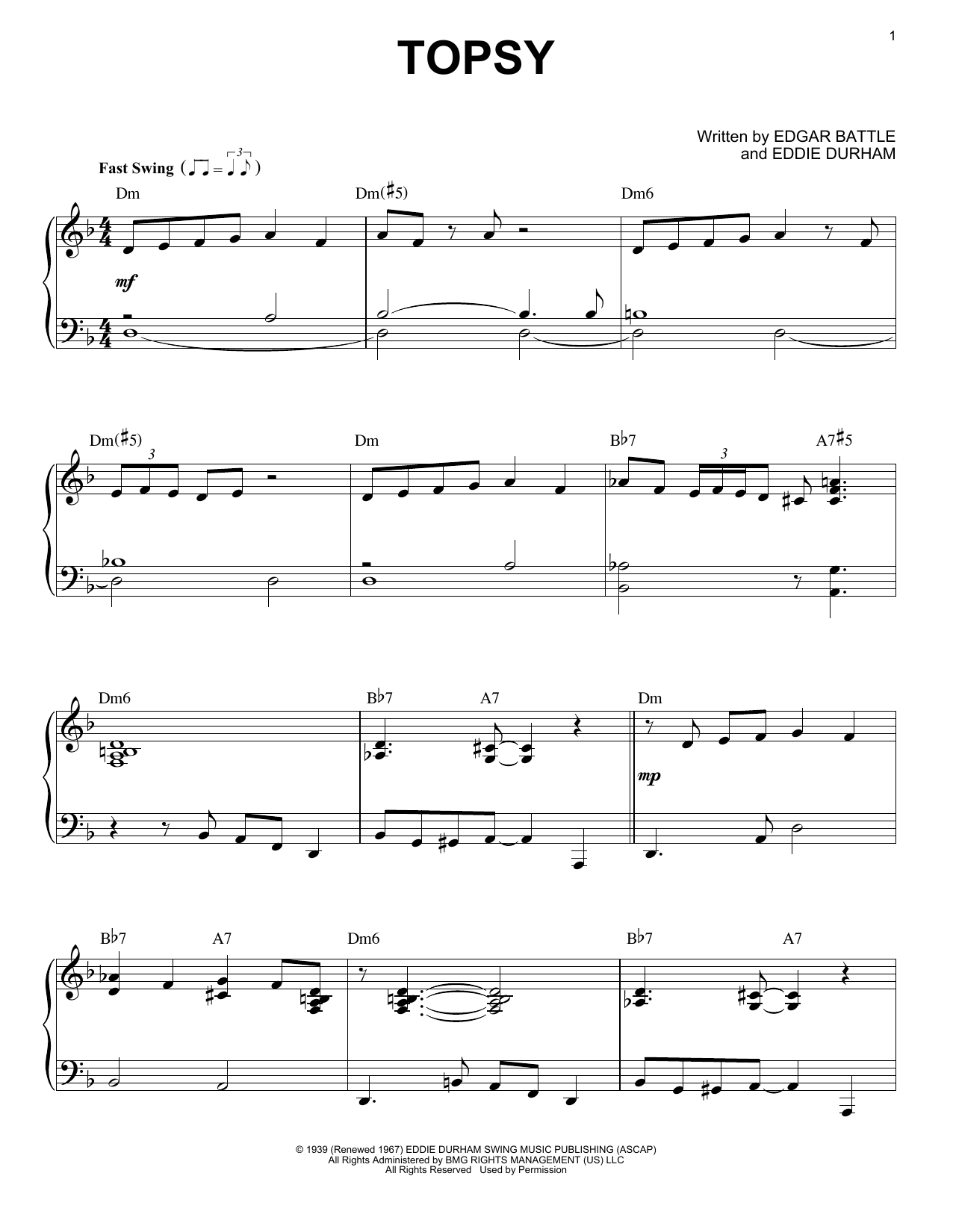 Count Basie Topsy sheet music notes and chords arranged for Piano, Vocal & Guitar Chords (Right-Hand Melody)