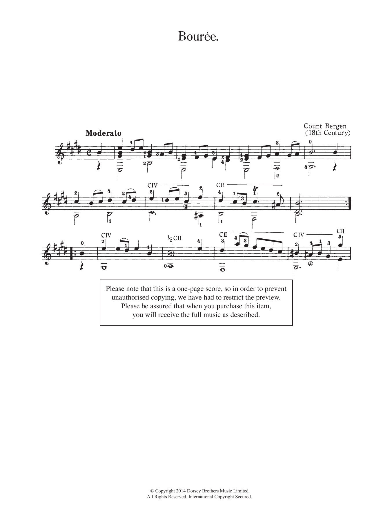 Count Bergen Bouree sheet music notes and chords arranged for Easy Guitar