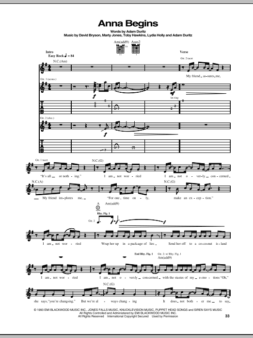 Counting Crows Anna Begins sheet music notes and chords arranged for Guitar Tab
