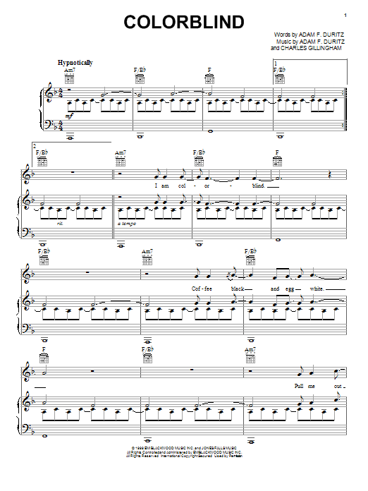 Counting Crows Colorblind sheet music notes and chords arranged for Piano, Vocal & Guitar Chords (Right-Hand Melody)