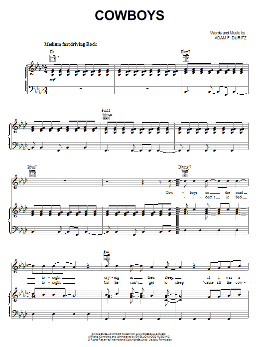 Counting Crows Cowboys sheet music notes and chords arranged for Piano, Vocal & Guitar Chords (Right-Hand Melody)