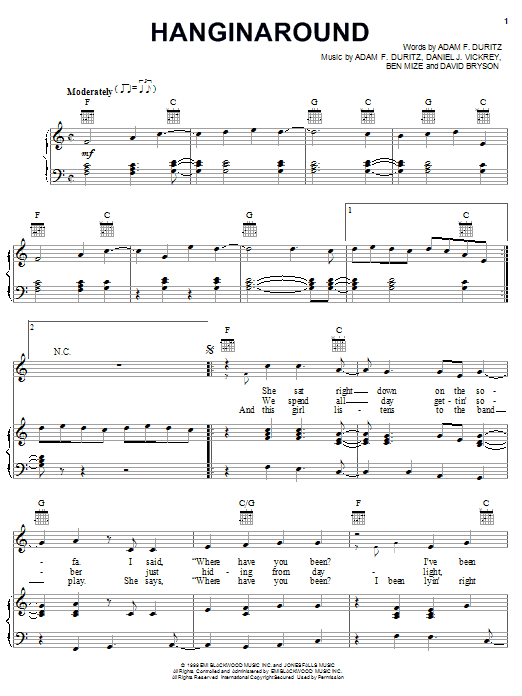 Counting Crows Hanginaround sheet music notes and chords arranged for Piano, Vocal & Guitar Chords (Right-Hand Melody)