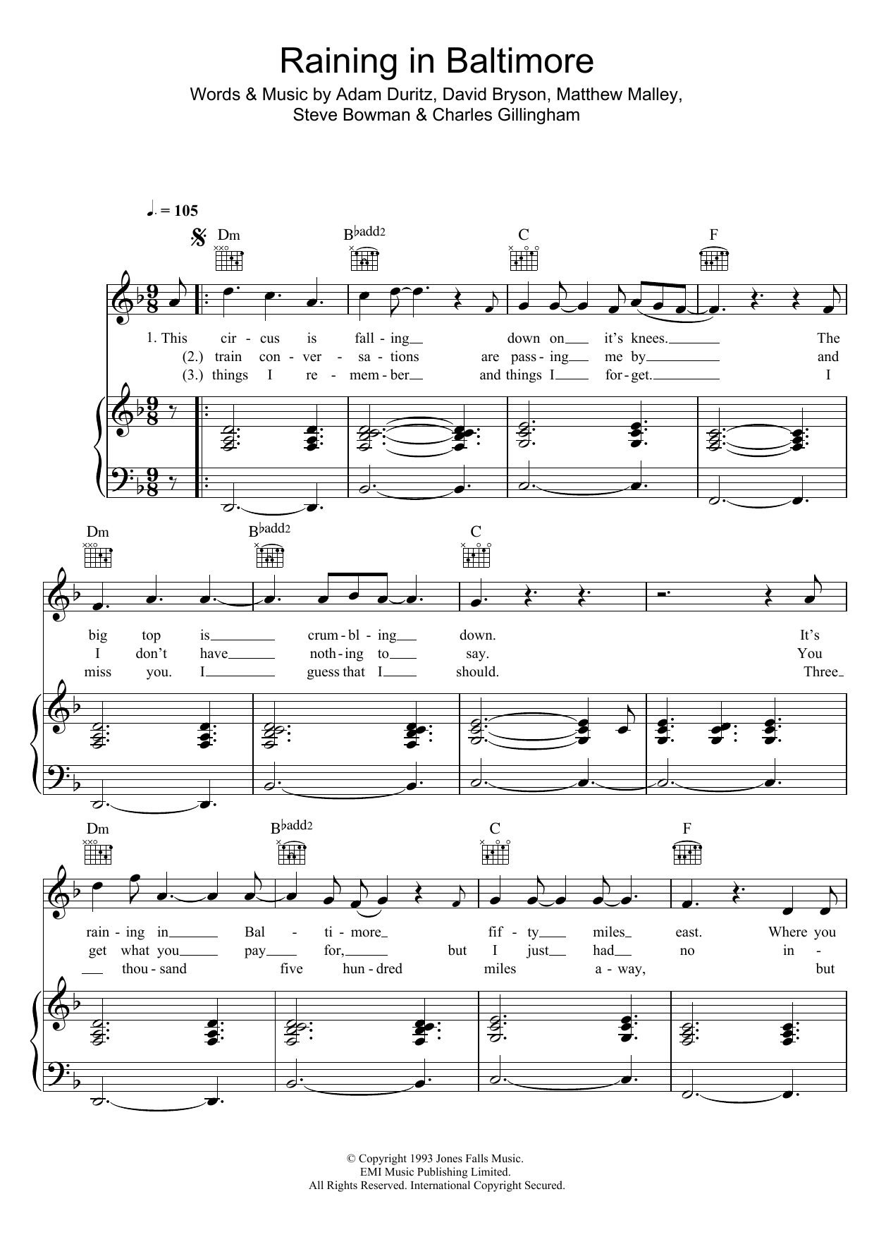 Counting Crows Raining In Baltimore sheet music notes and chords arranged for Piano, Vocal & Guitar Chords