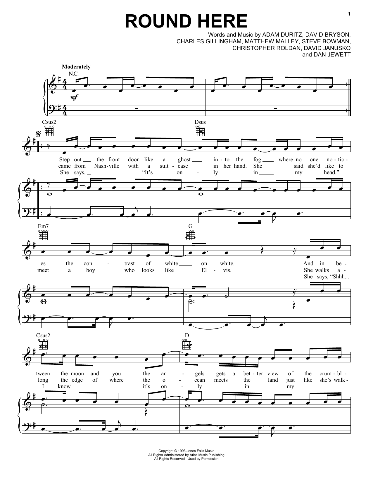 Counting Crows Round Here sheet music notes and chords arranged for Piano, Vocal & Guitar Chords (Right-Hand Melody)
