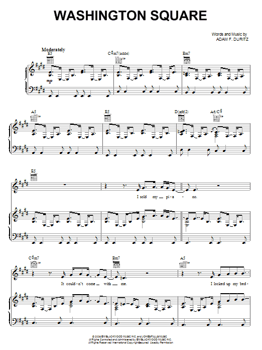 Counting Crows Washington Square sheet music notes and chords arranged for Piano, Vocal & Guitar Chords (Right-Hand Melody)