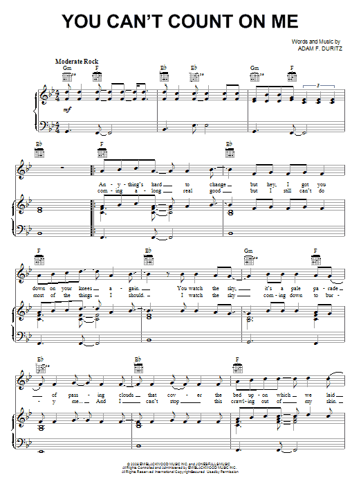 Counting Crows You Can't Count On Me sheet music notes and chords arranged for Piano, Vocal & Guitar Chords (Right-Hand Melody)