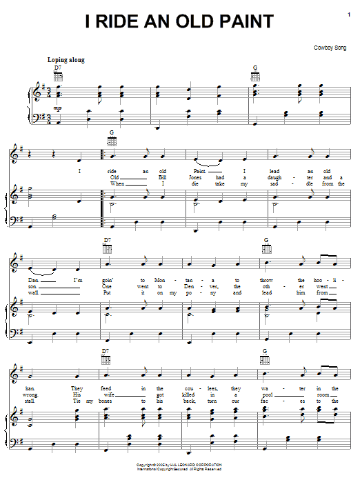 Cowboy Song I Ride An Old Paint sheet music notes and chords arranged for Piano, Vocal & Guitar Chords (Right-Hand Melody)