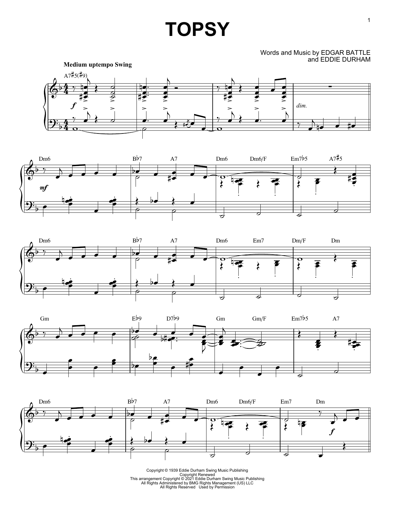 Cozy Cole Topsy [Jazz version] (arr. Brent Edstrom) sheet music notes and chords arranged for Piano Solo