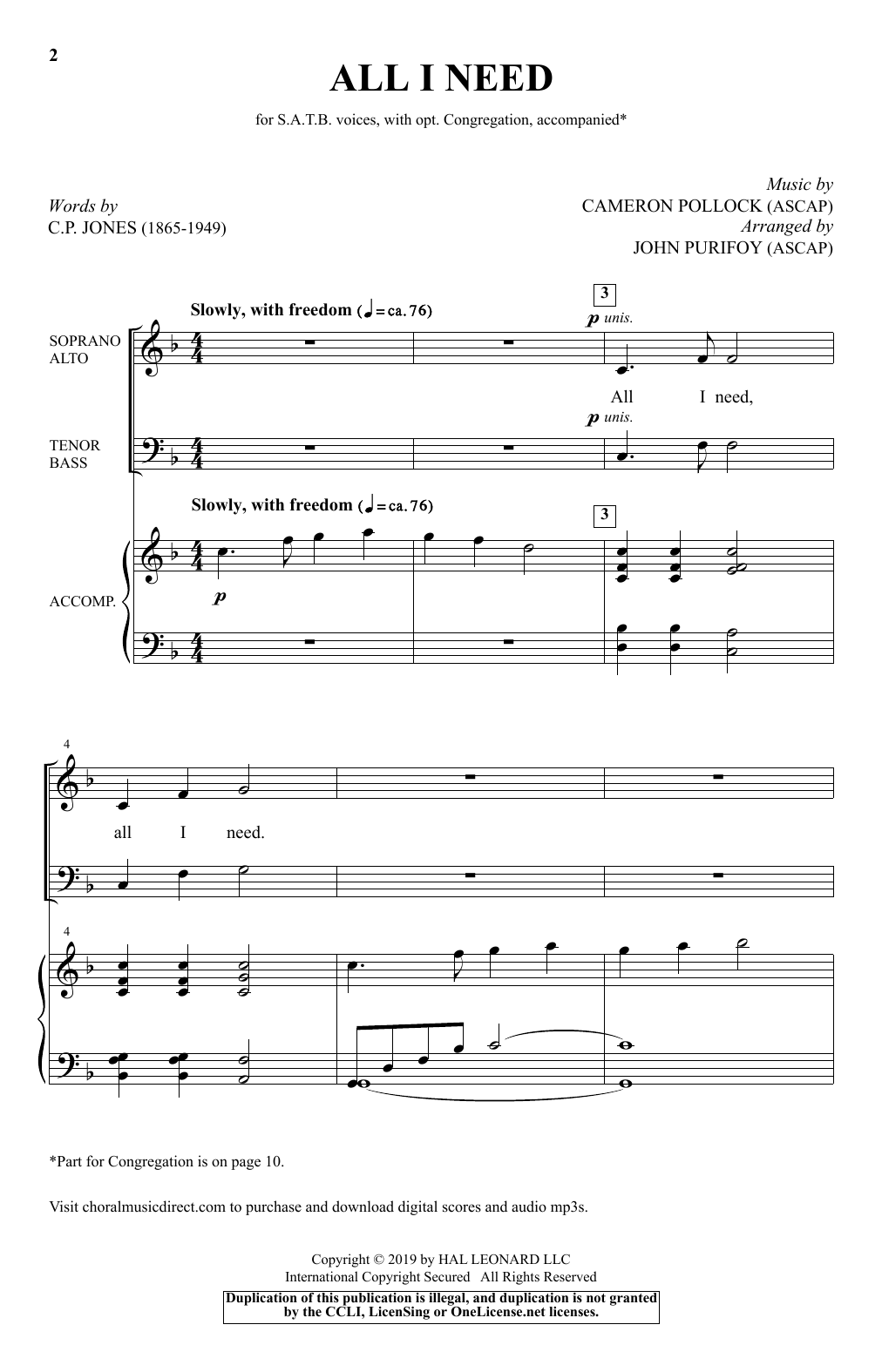 C.P. Jones and Cameron Pollock All I Need (arr. John Purifoy) sheet music notes and chords arranged for SATB Choir