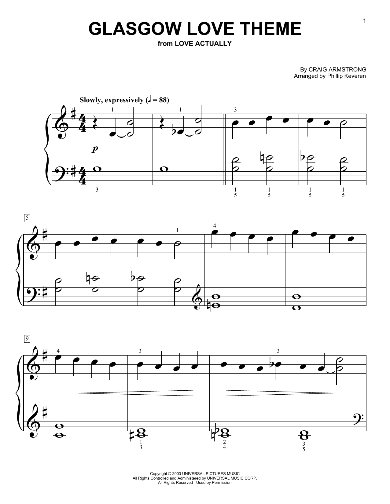 Craig Armstrong Glasgow Love Theme (from Love Actually) (arr. Phillip Keveren) sheet music notes and chords arranged for Big Note Piano