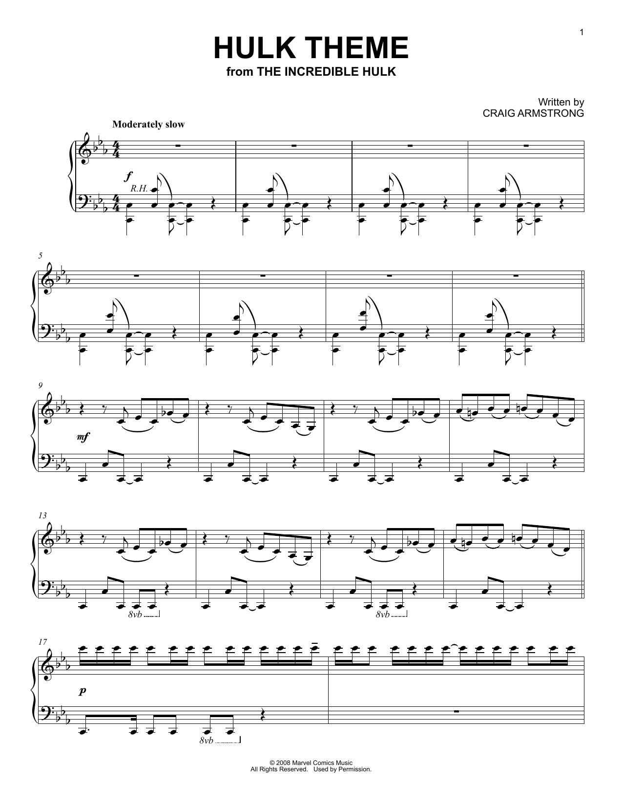 Craig Armstrong Hulk Theme (from The Incredible Hulk) sheet music notes and chords arranged for Piano Solo